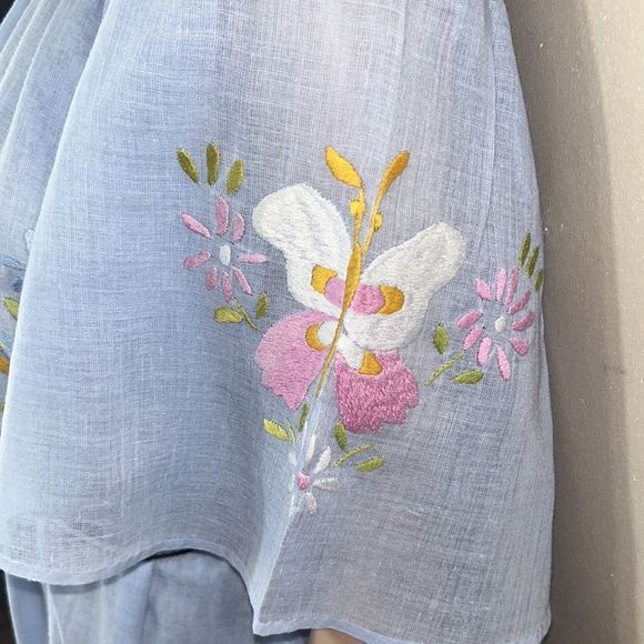 Vintage 40s 50s blue handcrafted embroidered linen Mexican shift dress mod sz XL - Picture 11 of 12